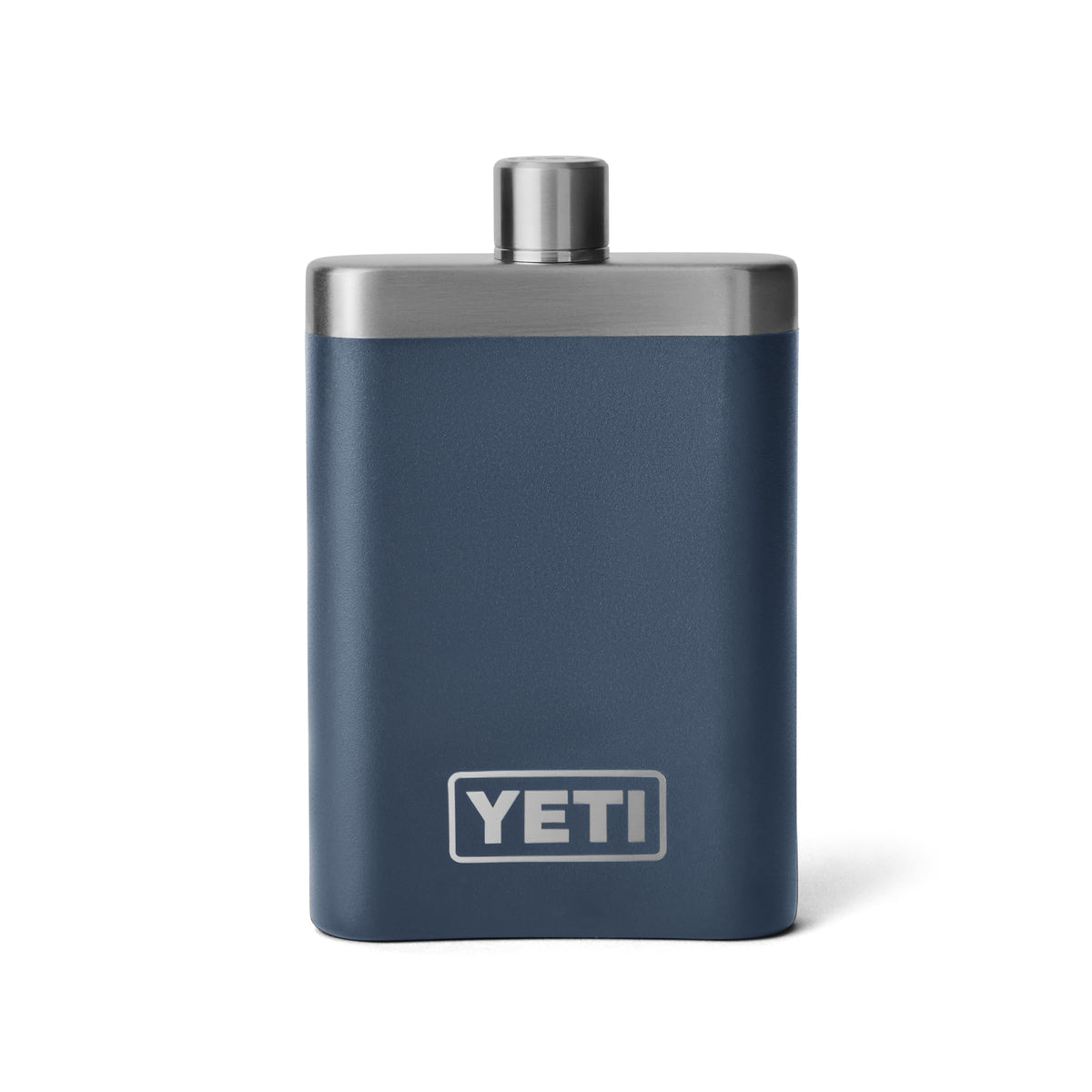 YETI navy flask front view showing sleek pocket-ready design and durability