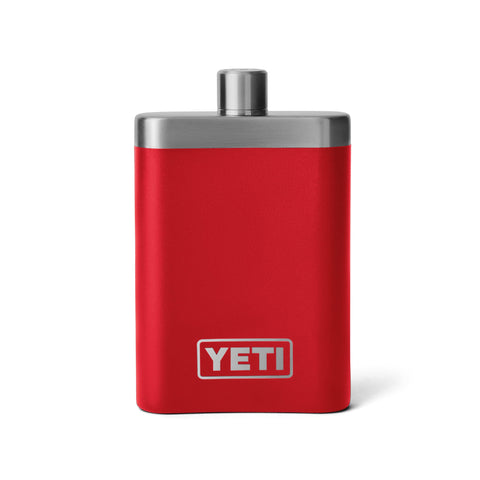 YETI 7 oz flask front view showing Rescue Red finish and compact design benefit: easy identification