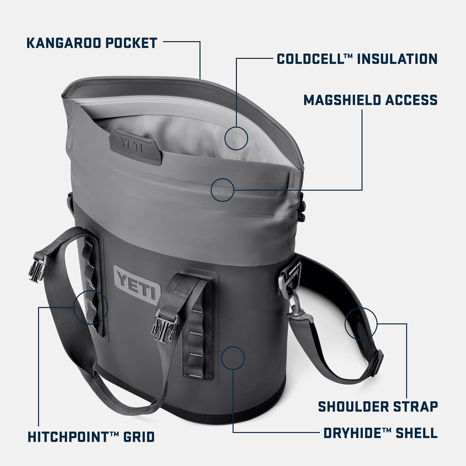 YETI Hopper M15 open with MagShield access visible for fast leak-resistant entry