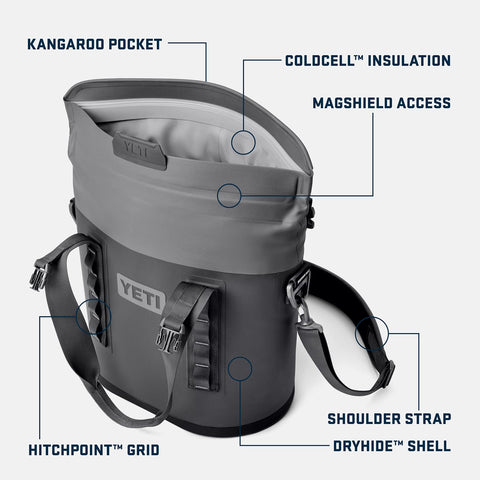 YETI Hopper M15 open with MagShield access visible for fast leak-resistant entry