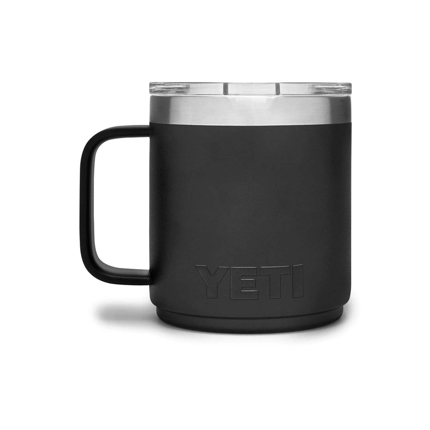 YETI Rambler side profile with handle highlighting comfortable grip and No Sweat benefit