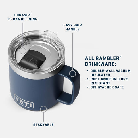 YETI Rambler handle-side view in navy, comfortable grip and easy carry