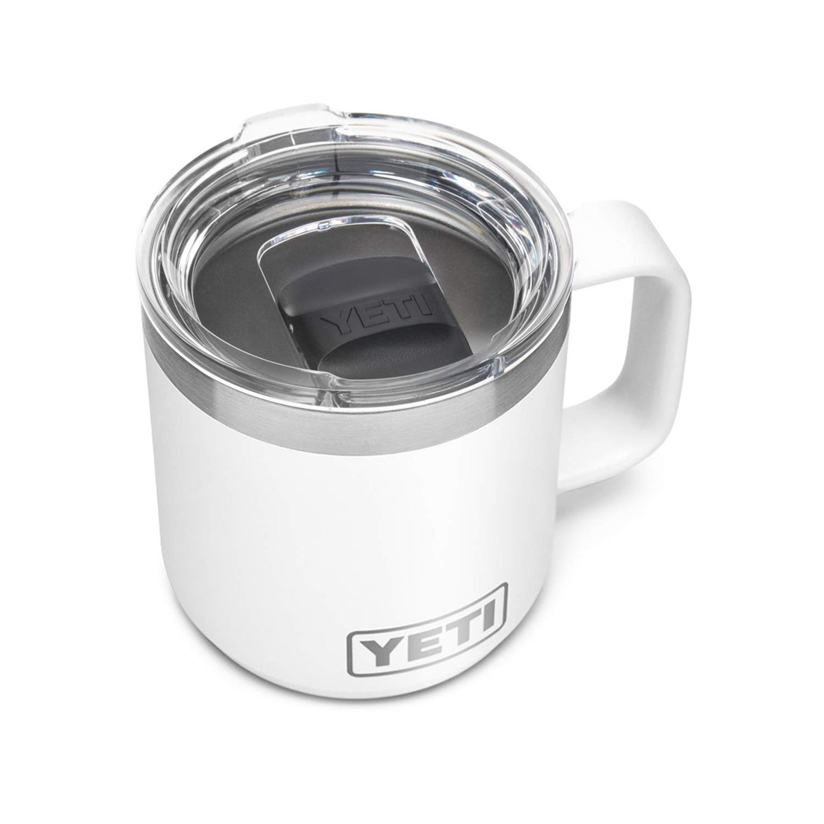 YETI Rambler 10 oz mug front view showing white finish and compact size, durable travel companion