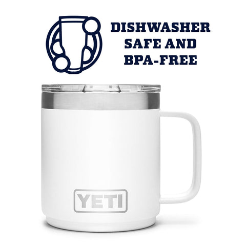 YETI Rambler mug handle and dimensions displayed on scale for size reference and comfortable grip