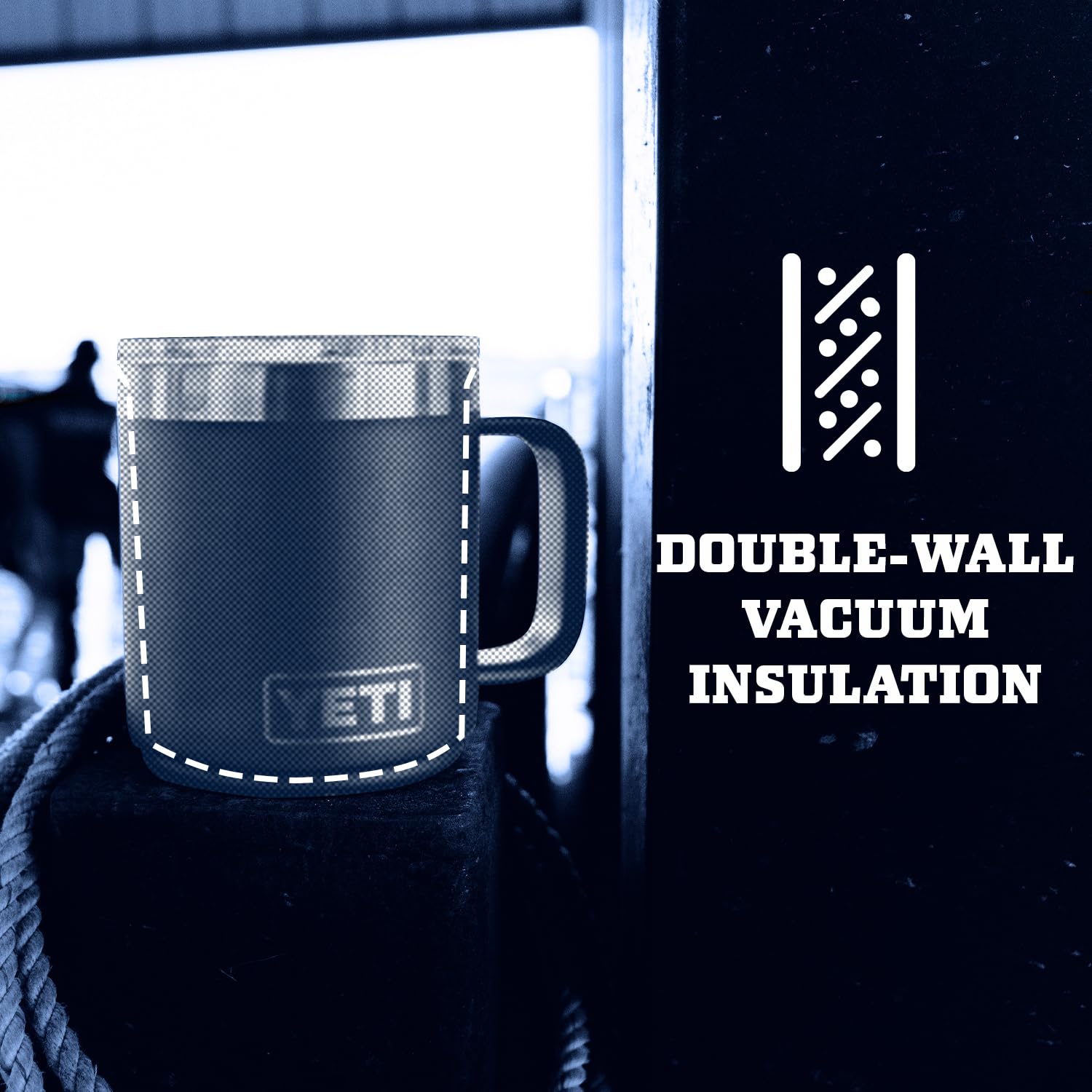 YETI Rambler stacked with other Ramblers showing space-saving design for organized storage