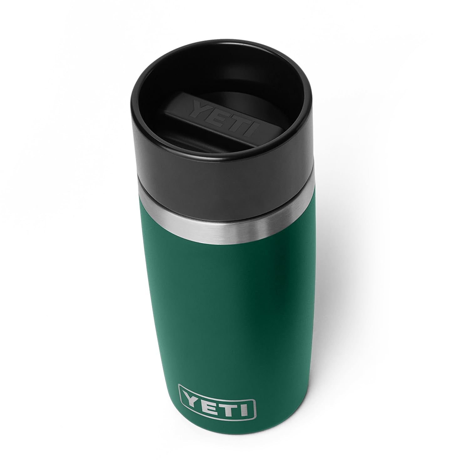 YETI Rambler 12 oz front view in Black Forest Green showing compact portability