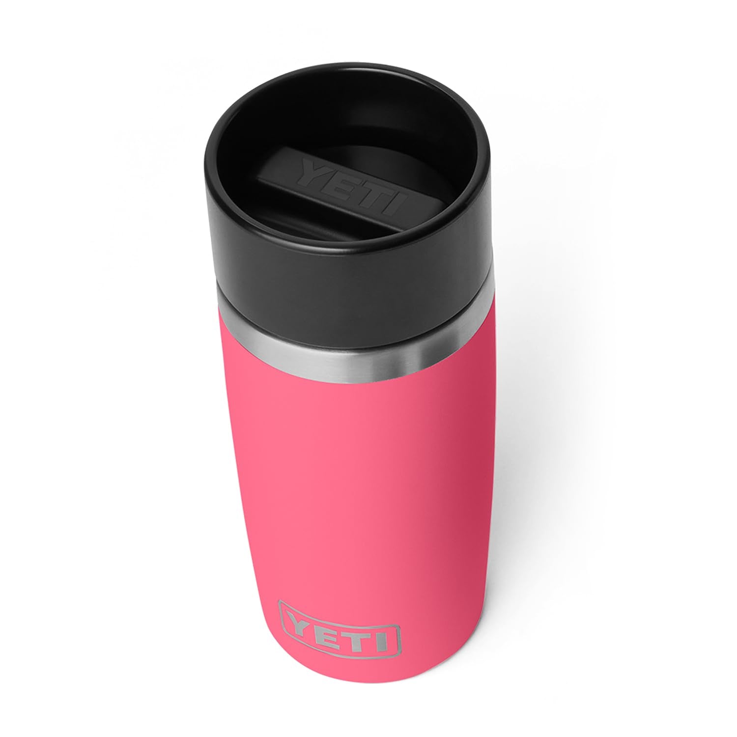 YETI Rambler front view in Tropical Pink showing durable finish and compact size