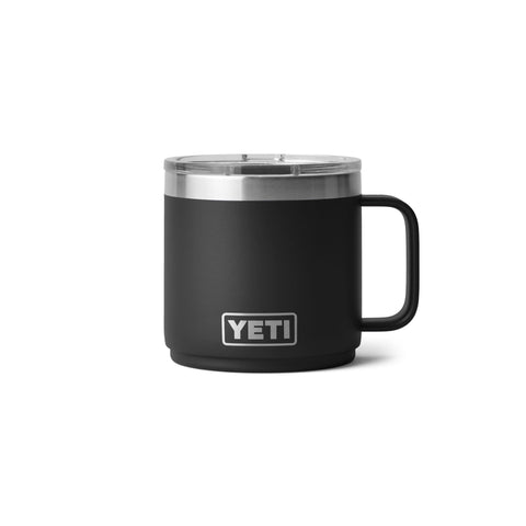 YETI Rambler front view in black showing sleek insulated mug and durable exterior