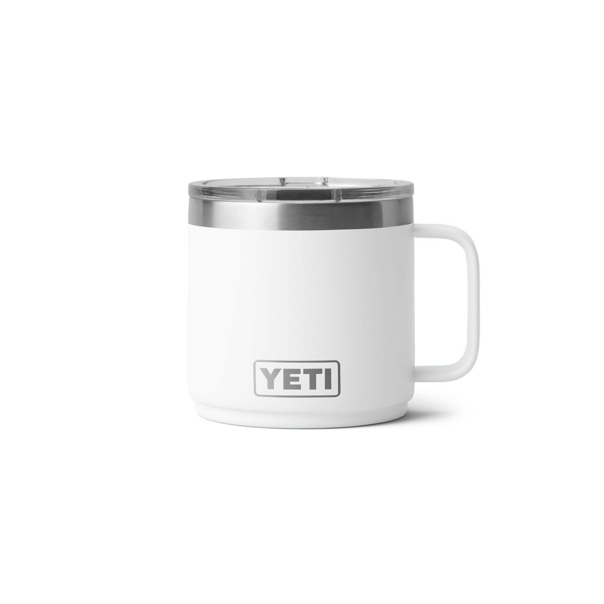 YETI Rambler front view white mug showing durable finish and easy-grip benefit