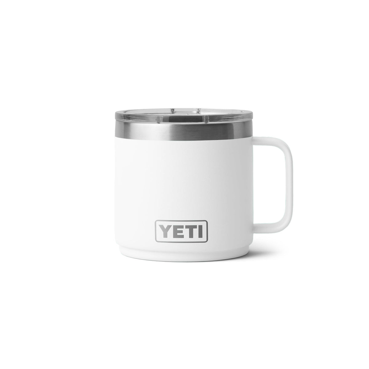 YETI Rambler front view white mug showing durable finish and easy-grip benefit