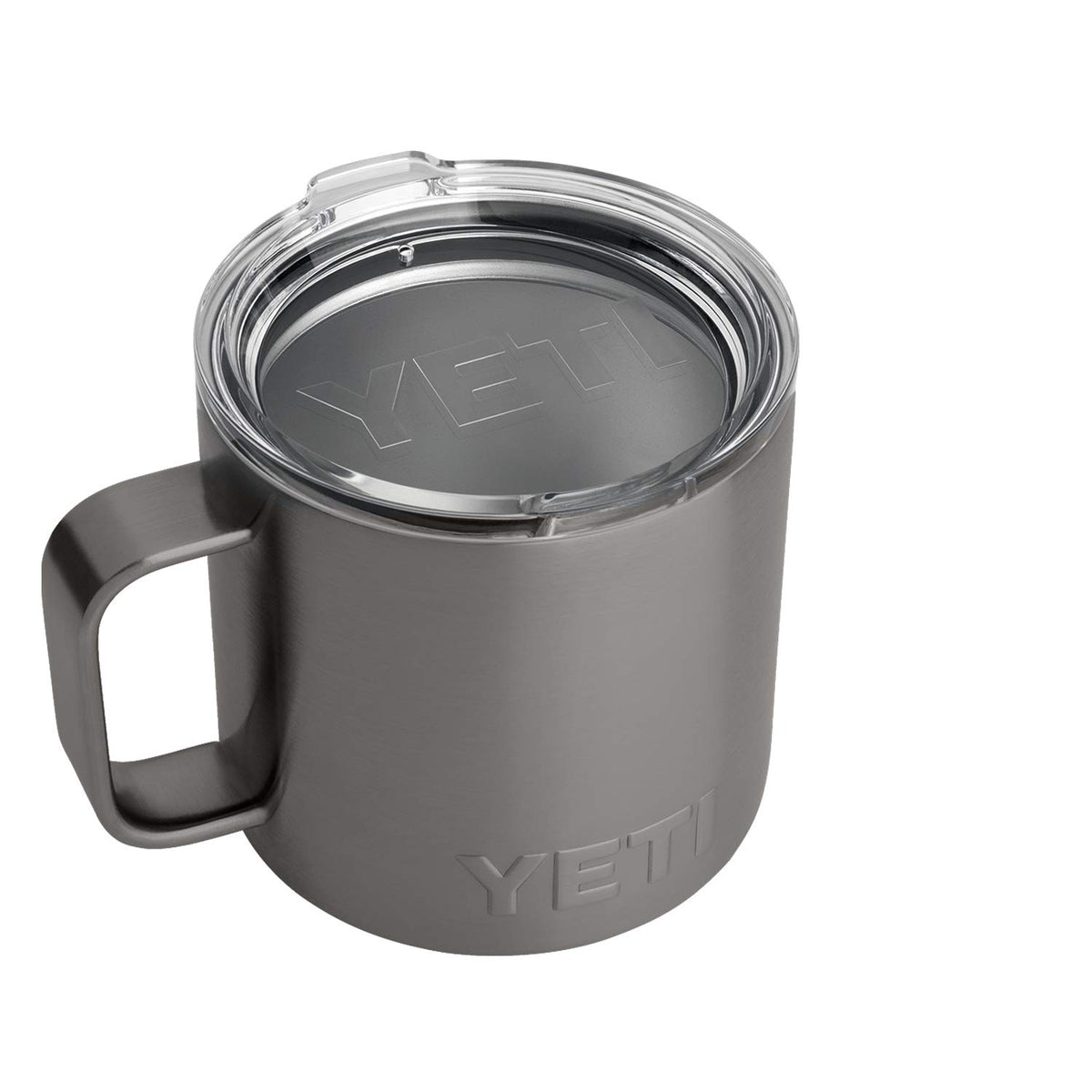 YETI Rambler 14 oz Mug front view in graphite showing durable finish and insulated benefit