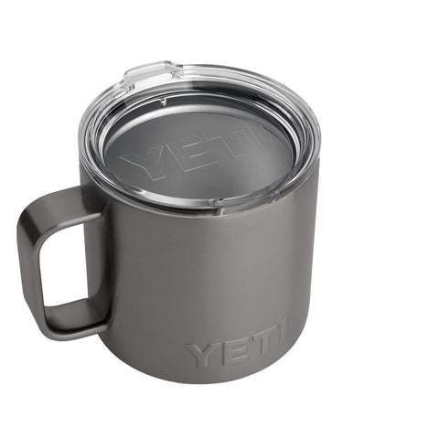 YETI Rambler 14 oz Mug front view in graphite showing durable finish and insulated benefit