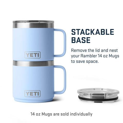YETI Rambler 14 oz on camp table showing outdoor-ready durability