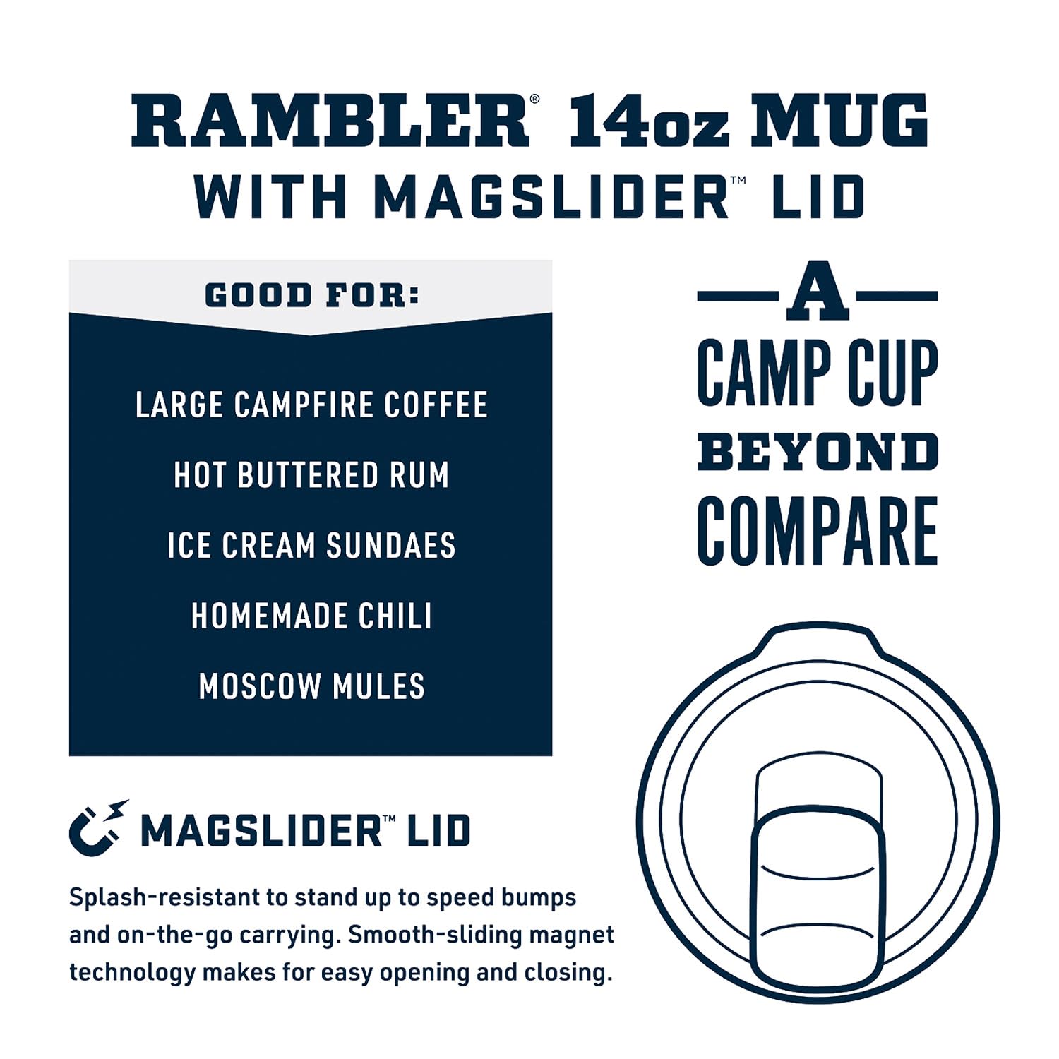 YETI Rambler 14 oz side view highlighting stackable base for space savings