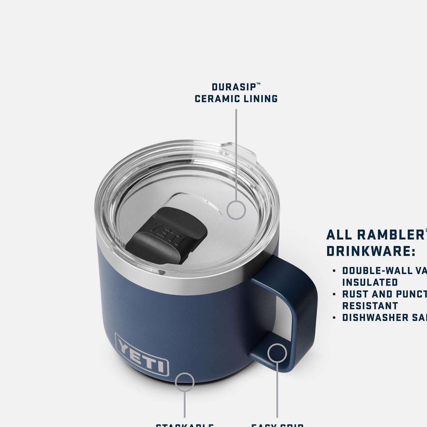 YETI Rambler stacked mugs demonstrating space-saving nesting for easy travel packing