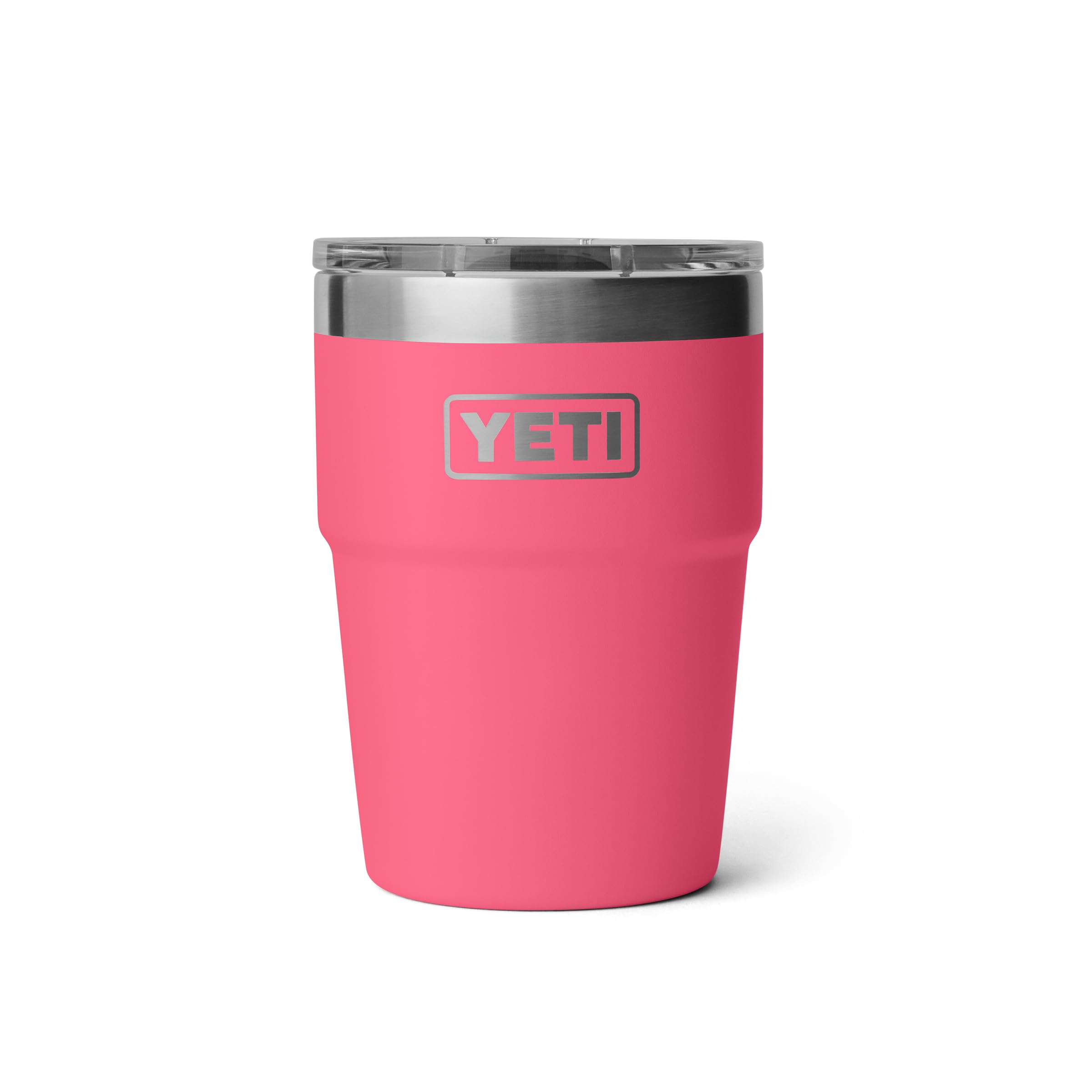 YETI Rambler front view showing tropical pink finish and sturdy cup benefit