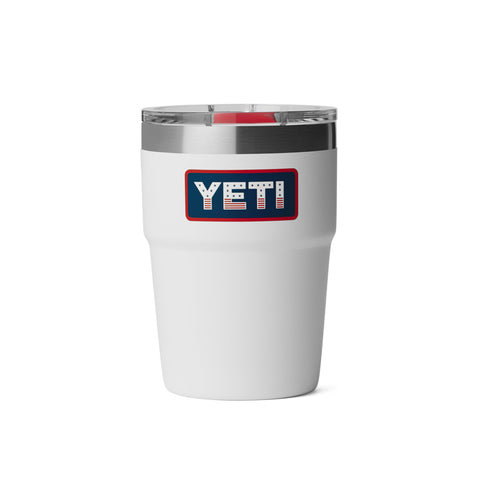 YETI Rambler 16 oz front view showing white badge and durable finish benefit