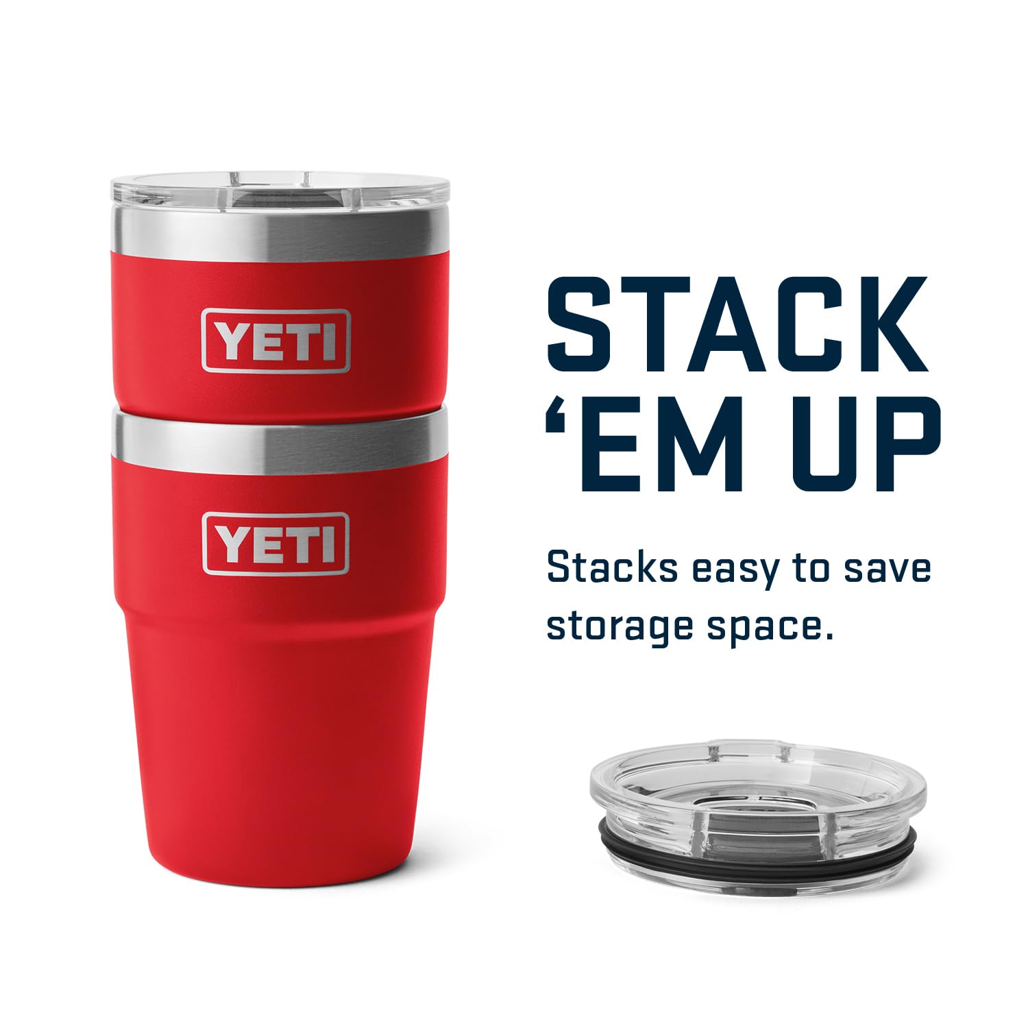 YETI Ramblers stacked without lids showing space-saving storage