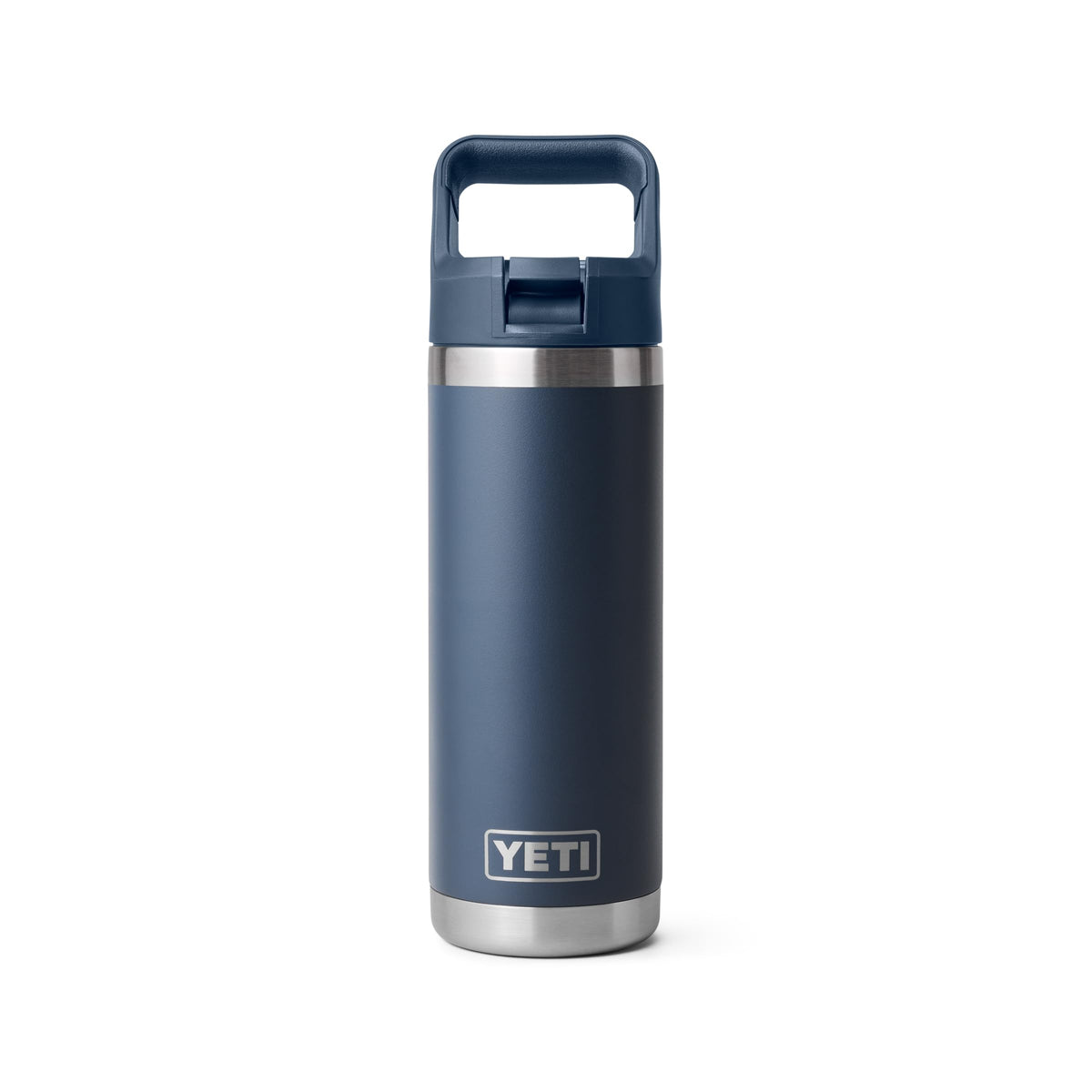 YETI Rambler 18 oz navy bottle front view showing durable finish and insulation benefit