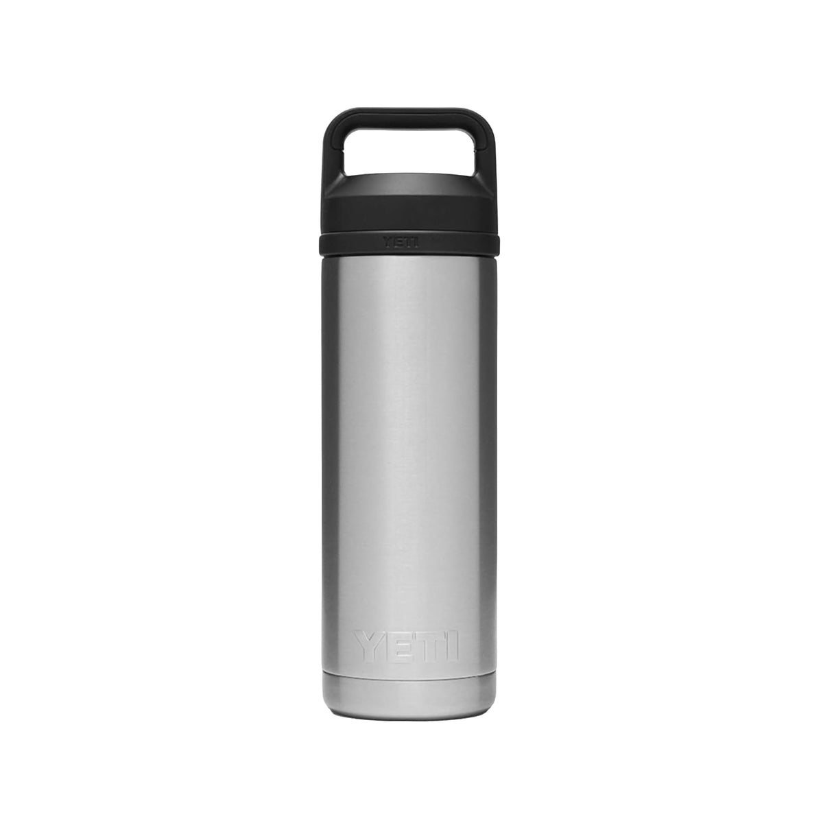 YETI Rambler front view showing stainless steel finish and branding for durable performance