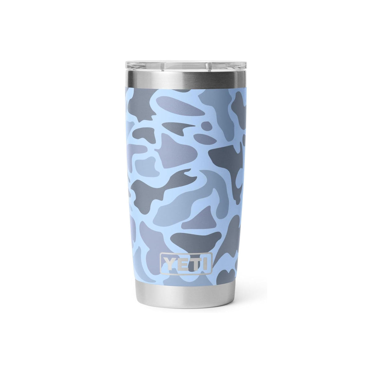 YETI Rambler front view showing blue camo and durable tumbler benefit
