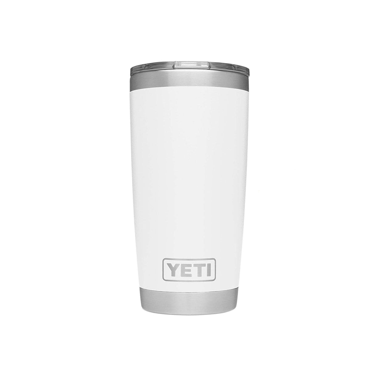 YETI Rambler front view in white showing durable finish and everyday portability