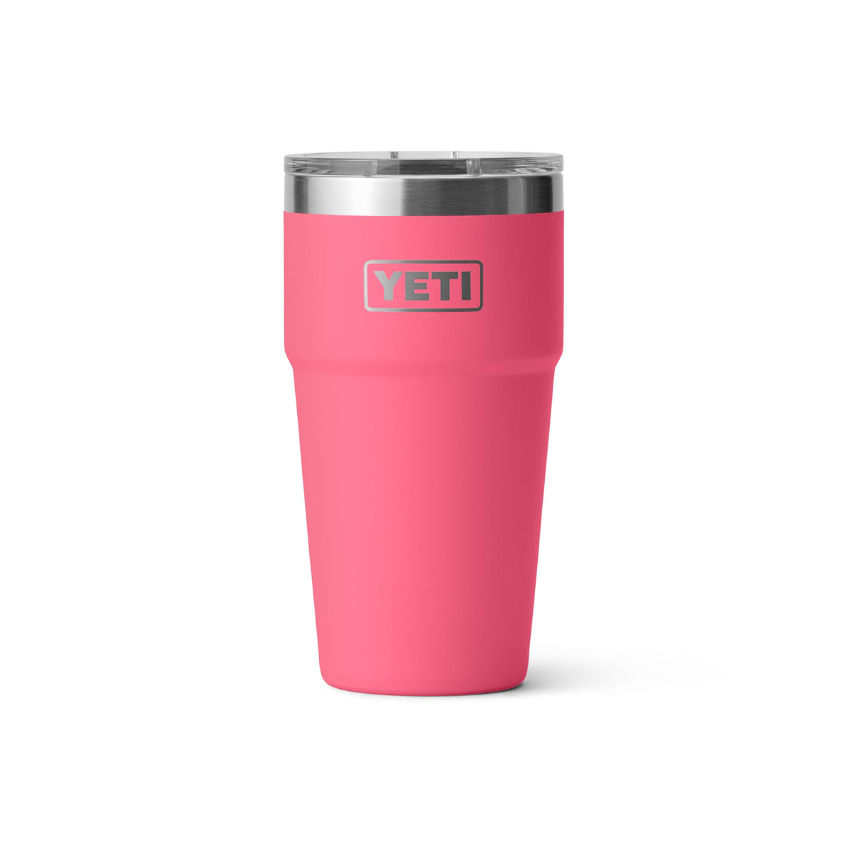 YETI Rambler front view showing Tropical Pink finish and durable design benefit