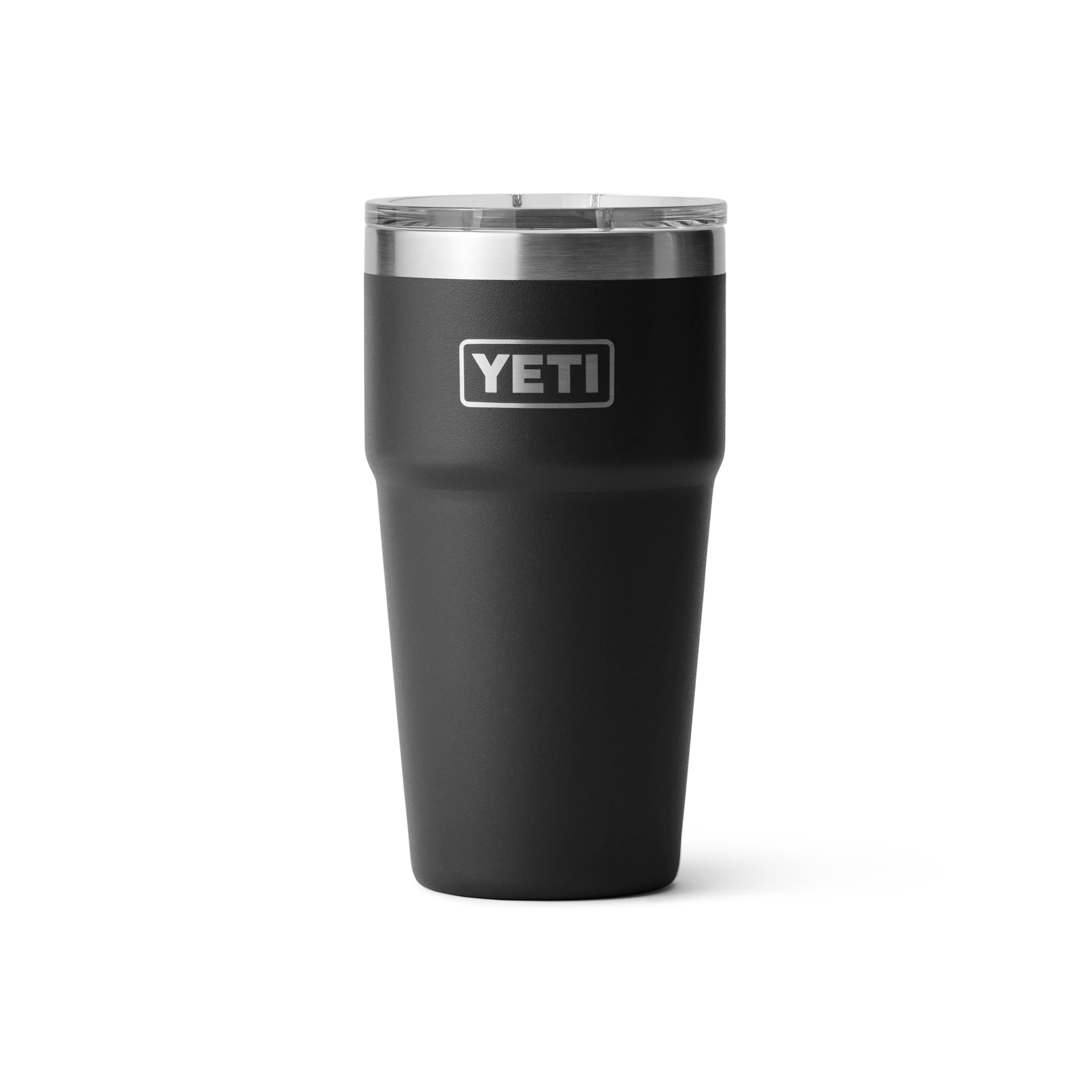 YETI Rambler front view showing sleek black finish and shape benefit: durable grip