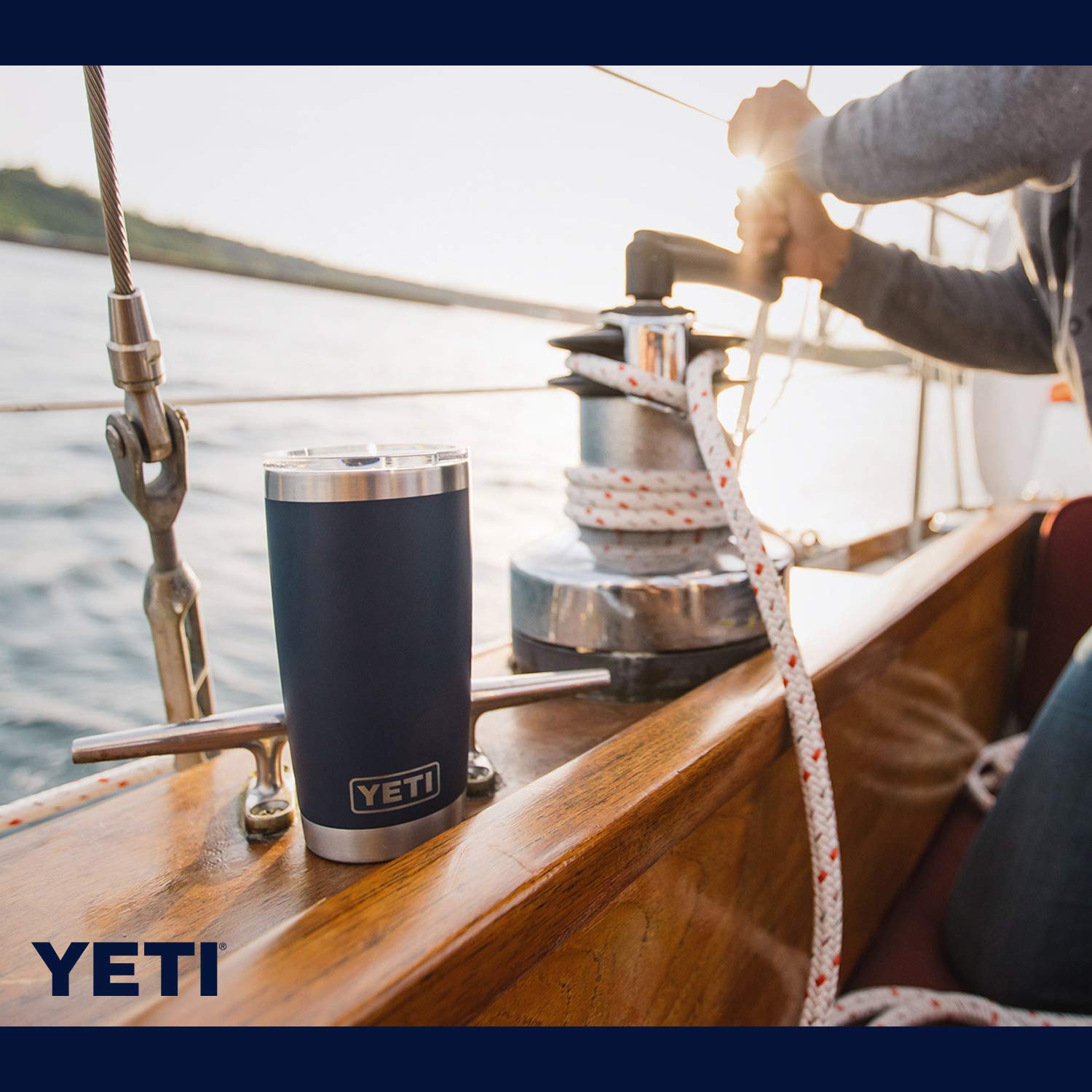 YETI Rambler in hiking scene showing outdoor durability and adventure-ready benefit