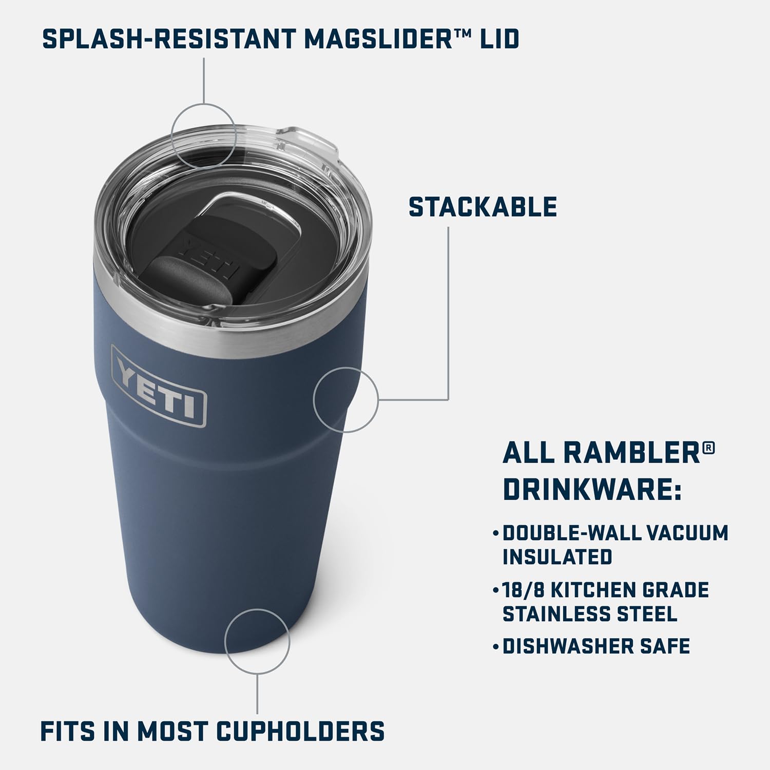 YETI Rambler MagSlider lid close-up showing magnet closure benefit: splash reduction