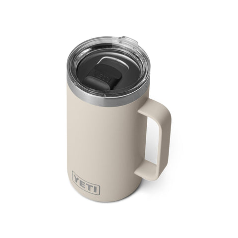 YETI Rambler front view in Cape Taupe showing sturdy mug design and temperature control benefit