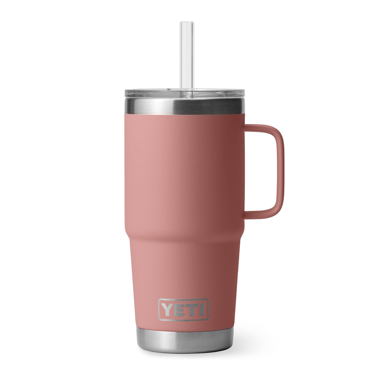 YETI Rambler front view in sandstone pink showing durable travel-ready design