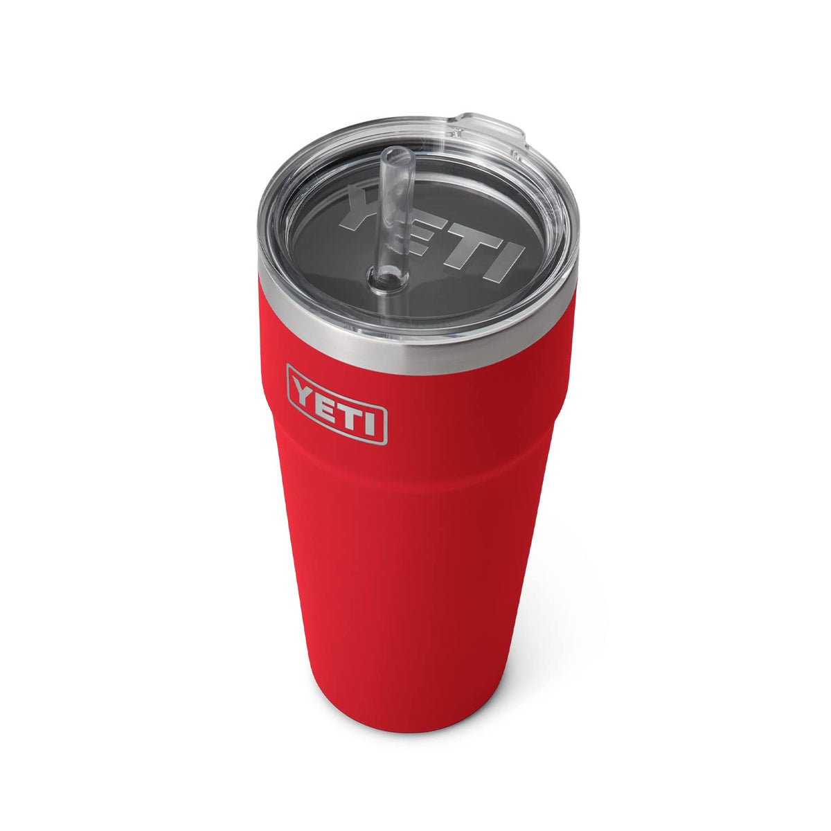 YETI Rambler front view showing Rescue Red finish and capacity benefit