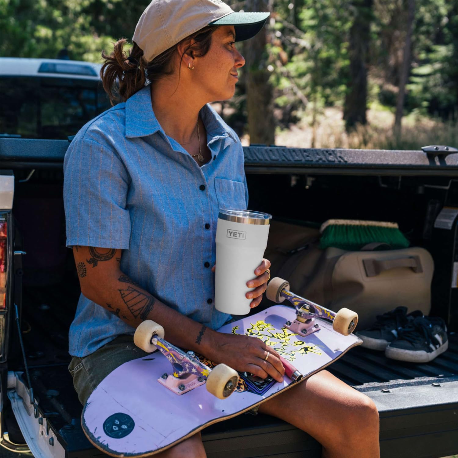 YETI Rambler seated in car cup holder showing commute stability benefit