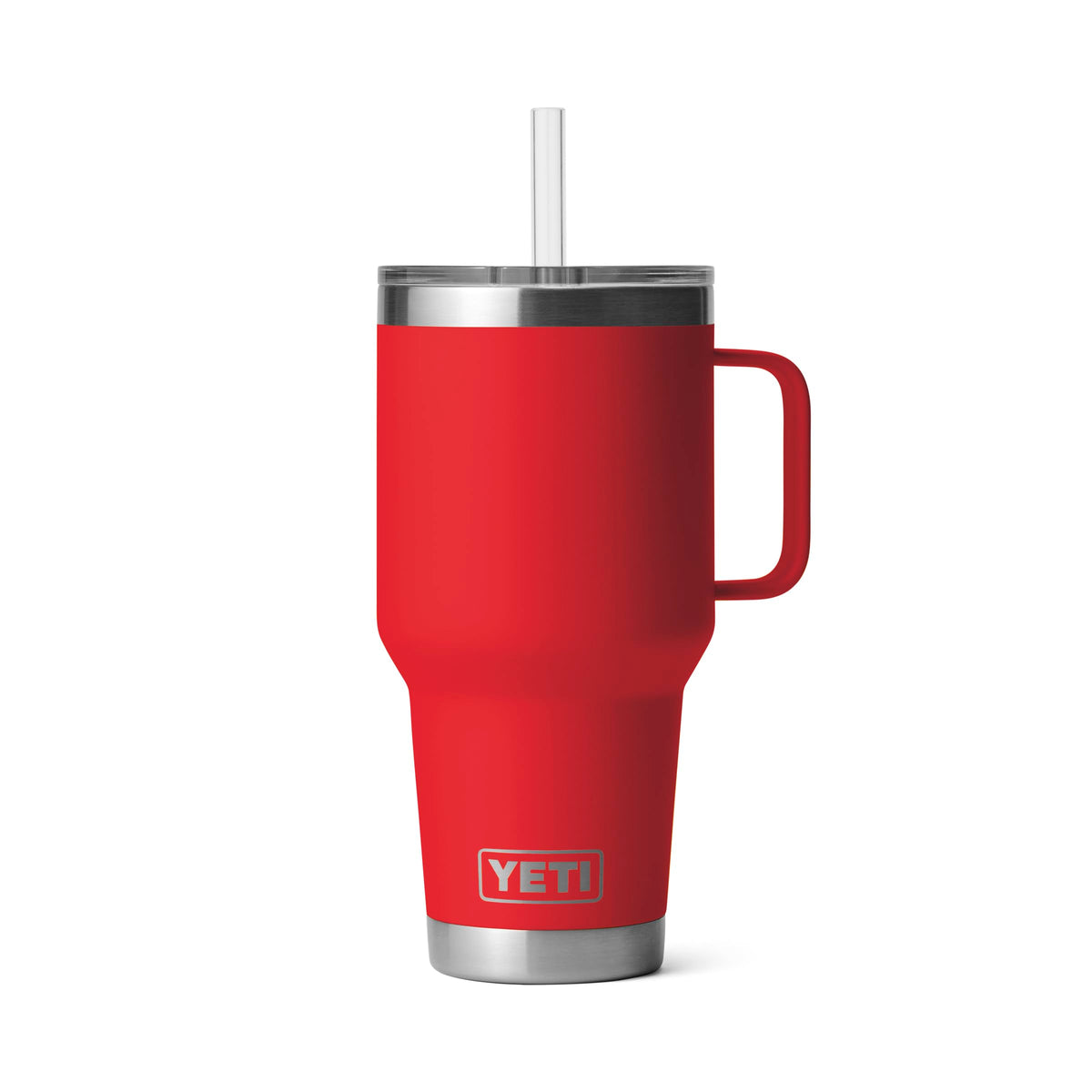 YETI Rambler front view in Rescue Red shows durable travel mug benefit