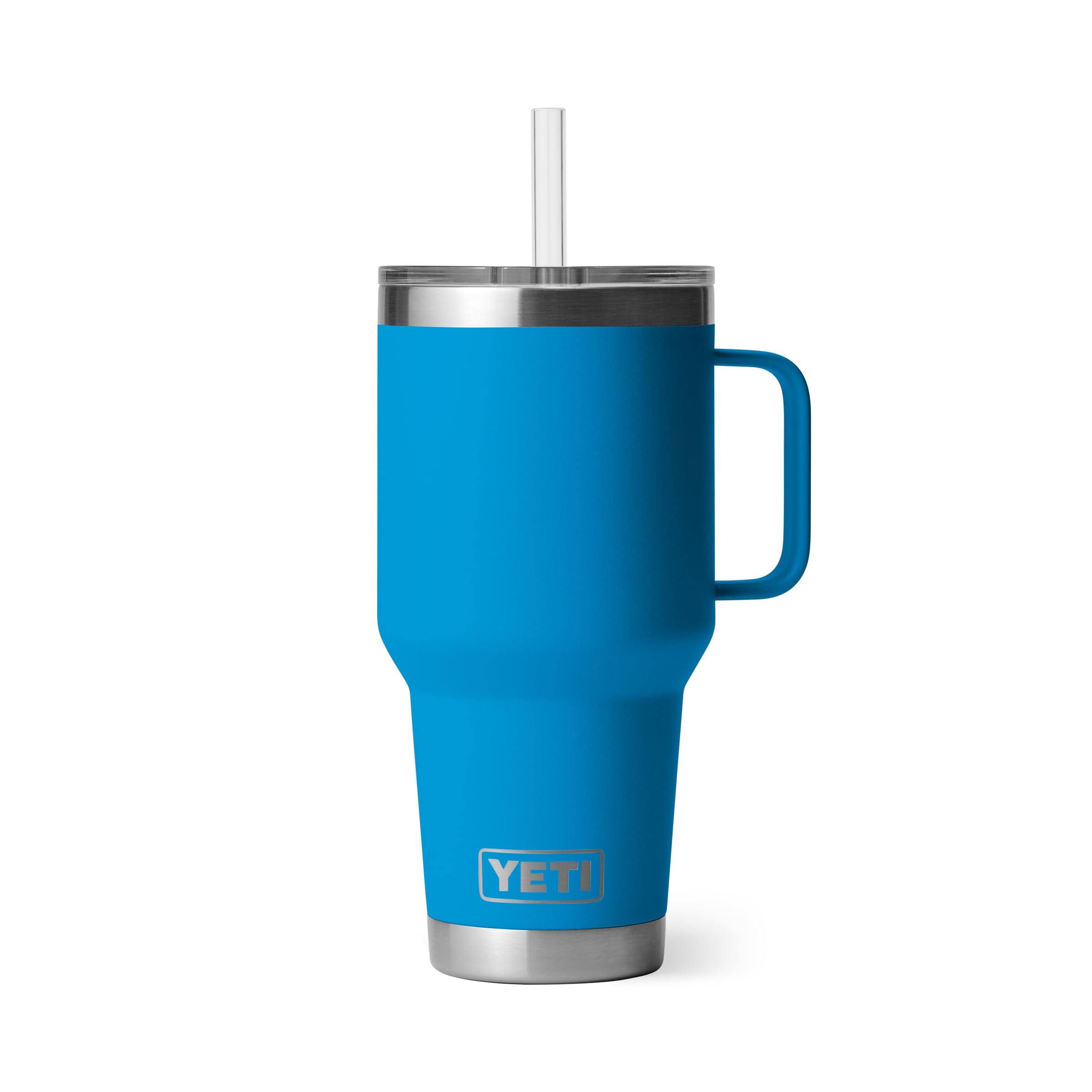 YETI Rambler front view showing Big Wave Blue finish and capacity, built for durability