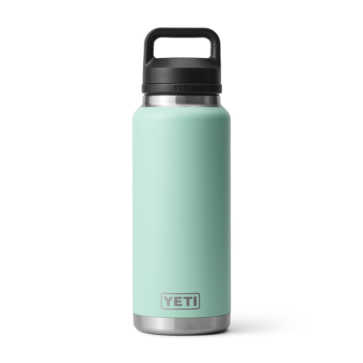 YETI Rambler bottle front view showing Seafoam finish and capacity benefit
