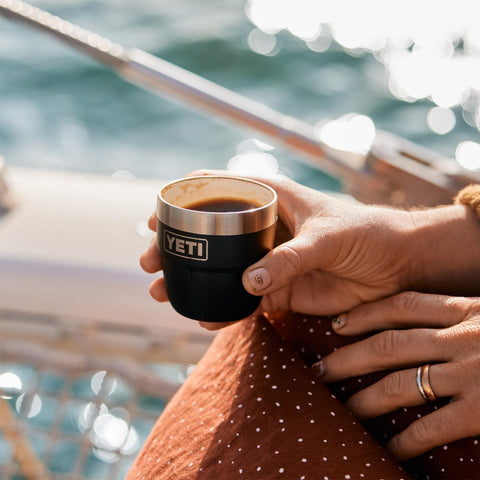 YETI Rambler beneath espresso machine showing barista-friendly sizing and fit