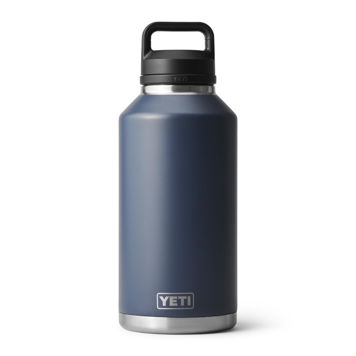 YETI Rambler navy front view showing sturdy bottle and leakproof cap benefit