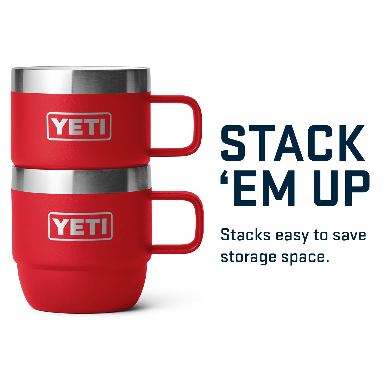 Two YETI Rambler 6 oz mugs stacked together demonstrating space-saving packability