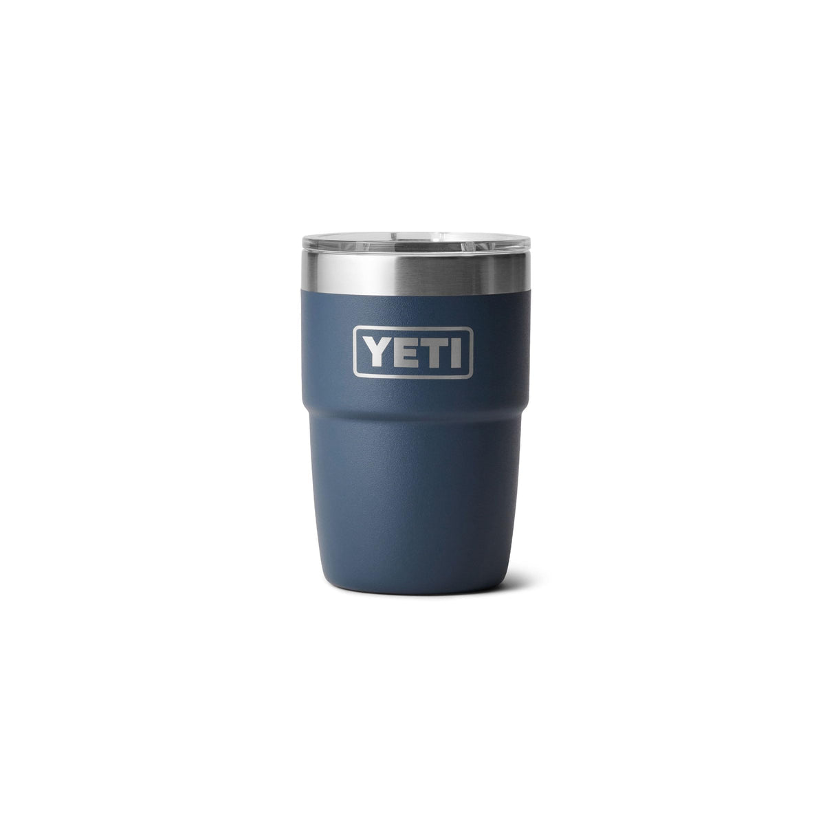 YETI Rambler front view in navy showing compact, durable cup and lid for easy transport