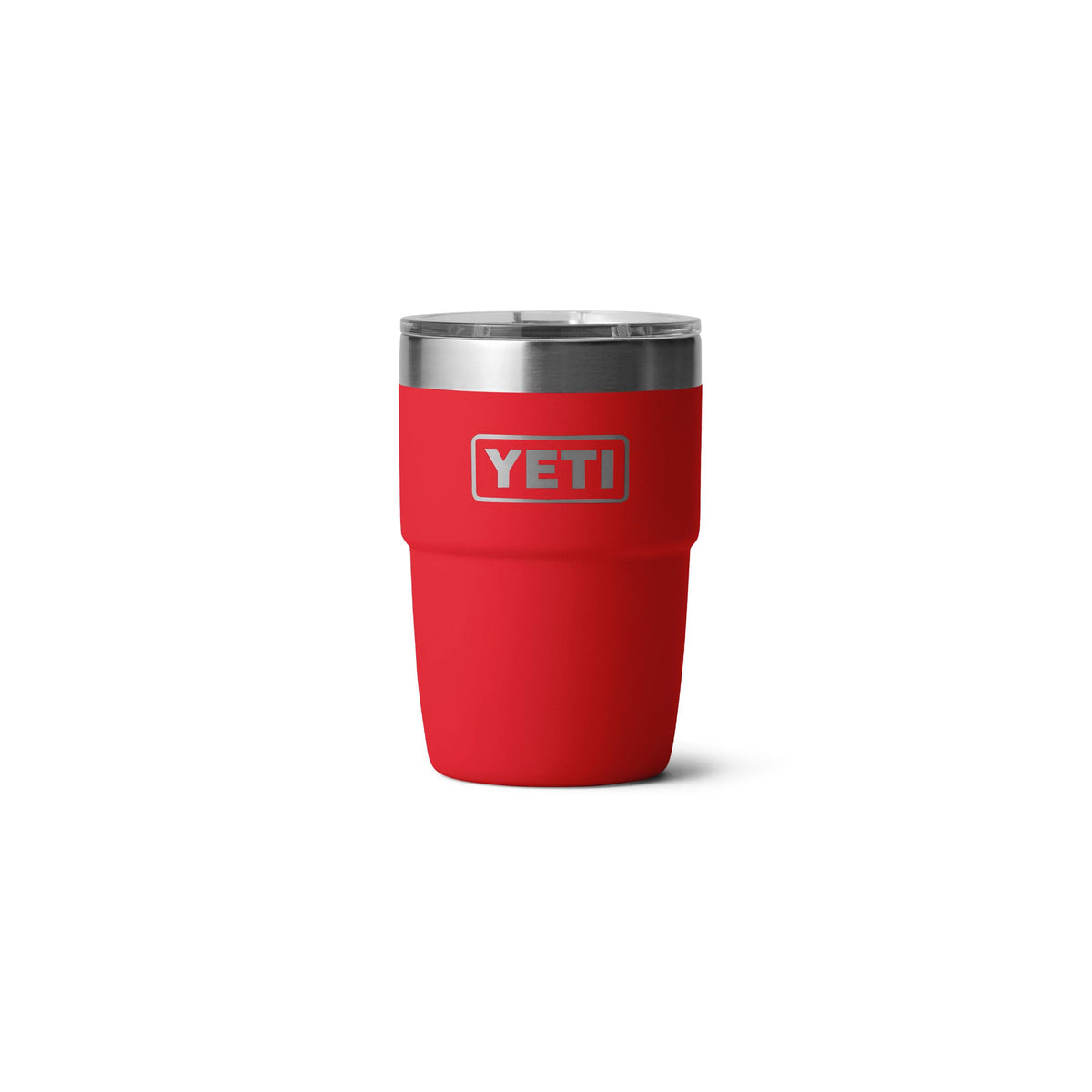 YETI Rambler 8 oz front view in Rescue Red showing compact design and durable finish