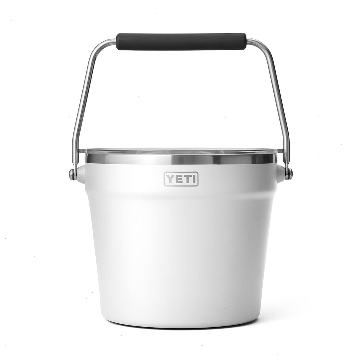 YETI Rambler beverage bucket front view in white showing durable finish and capacity