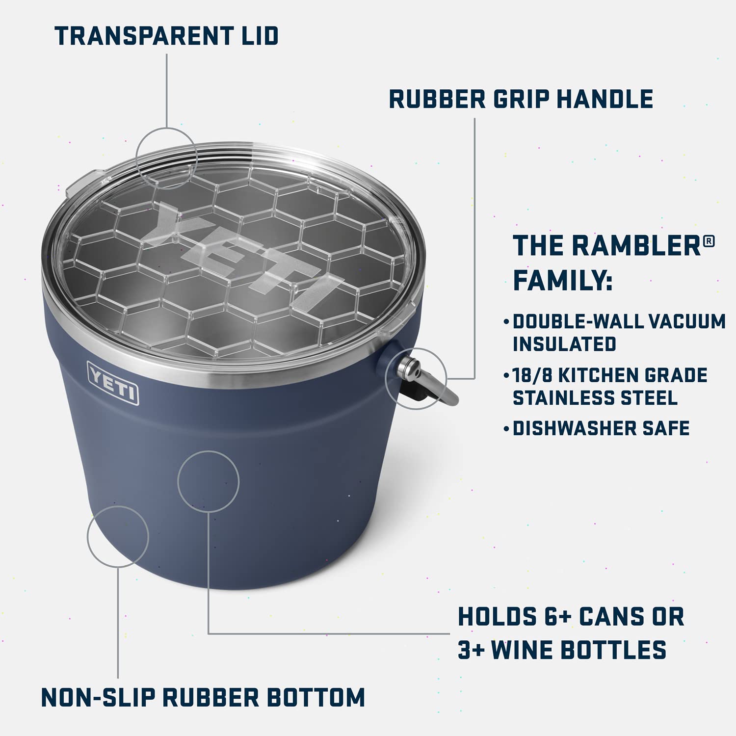 YETI Rambler beverage bucket lid detail in white demonstrating secure seal benefit