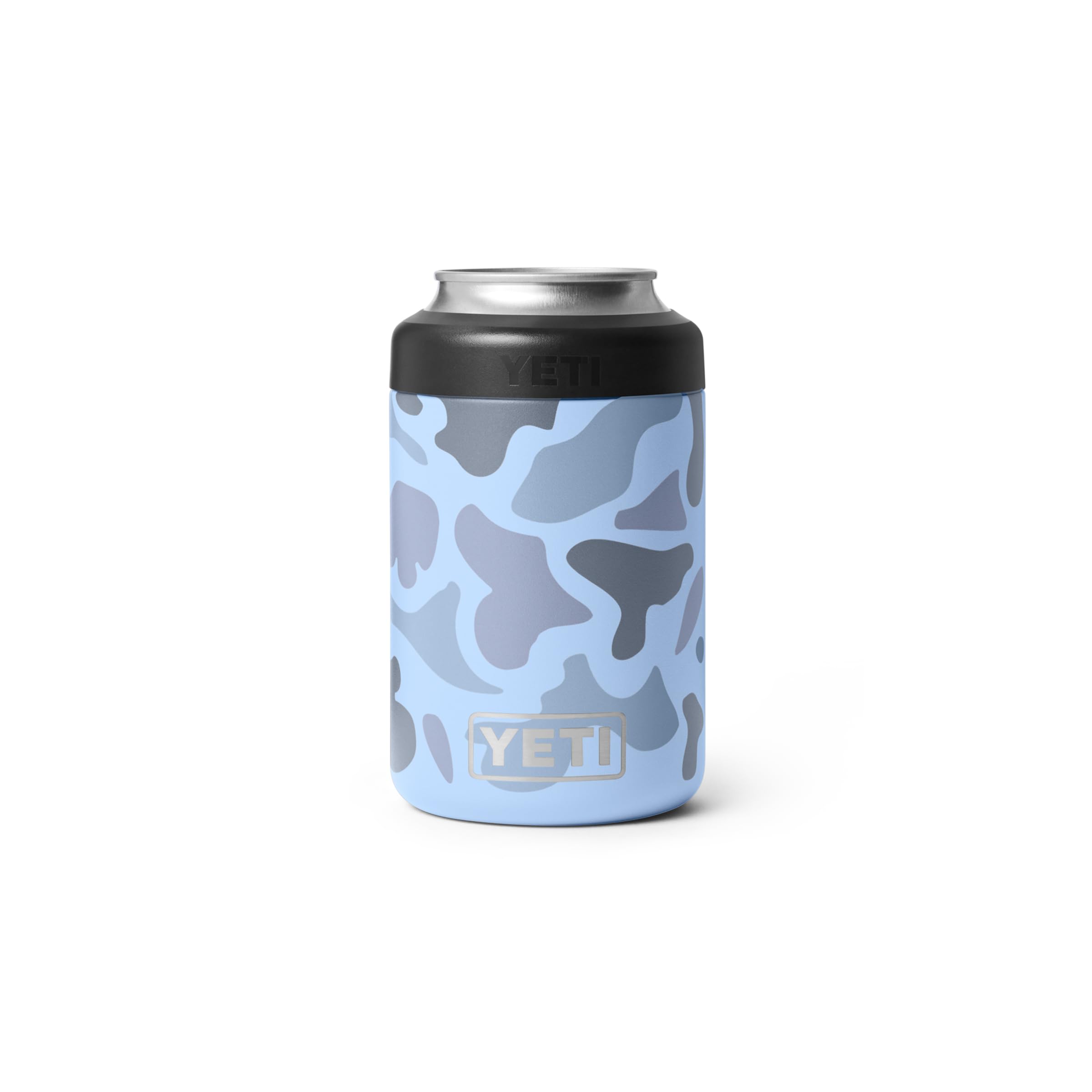 YETI Rambler Colster front view showing Blue Camo and secure fit benefit