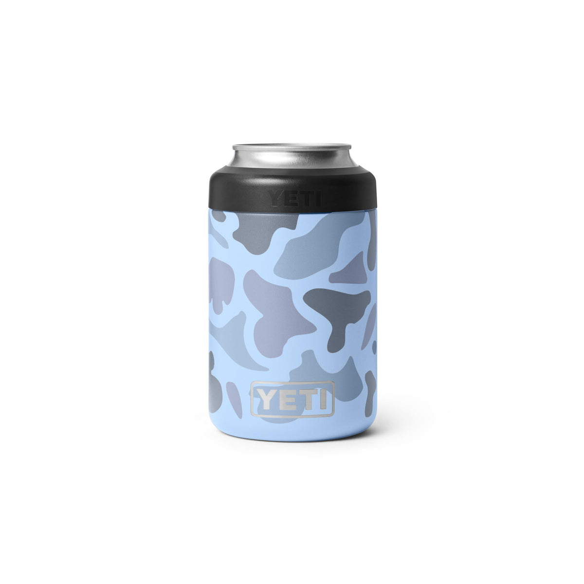 YETI Rambler Colster front view showing Blue Camo and secure fit benefit