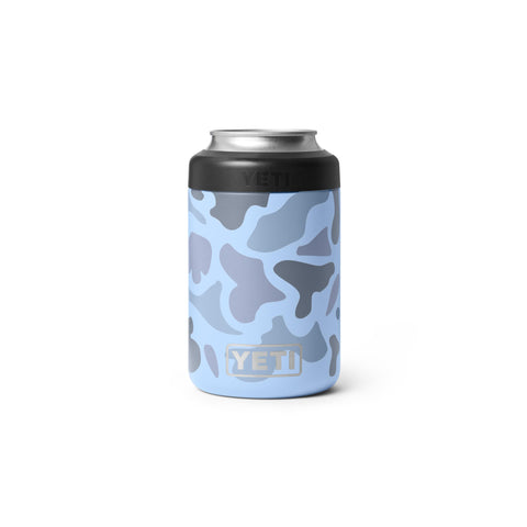 YETI Rambler Colster front view showing Blue Camo and secure fit benefit