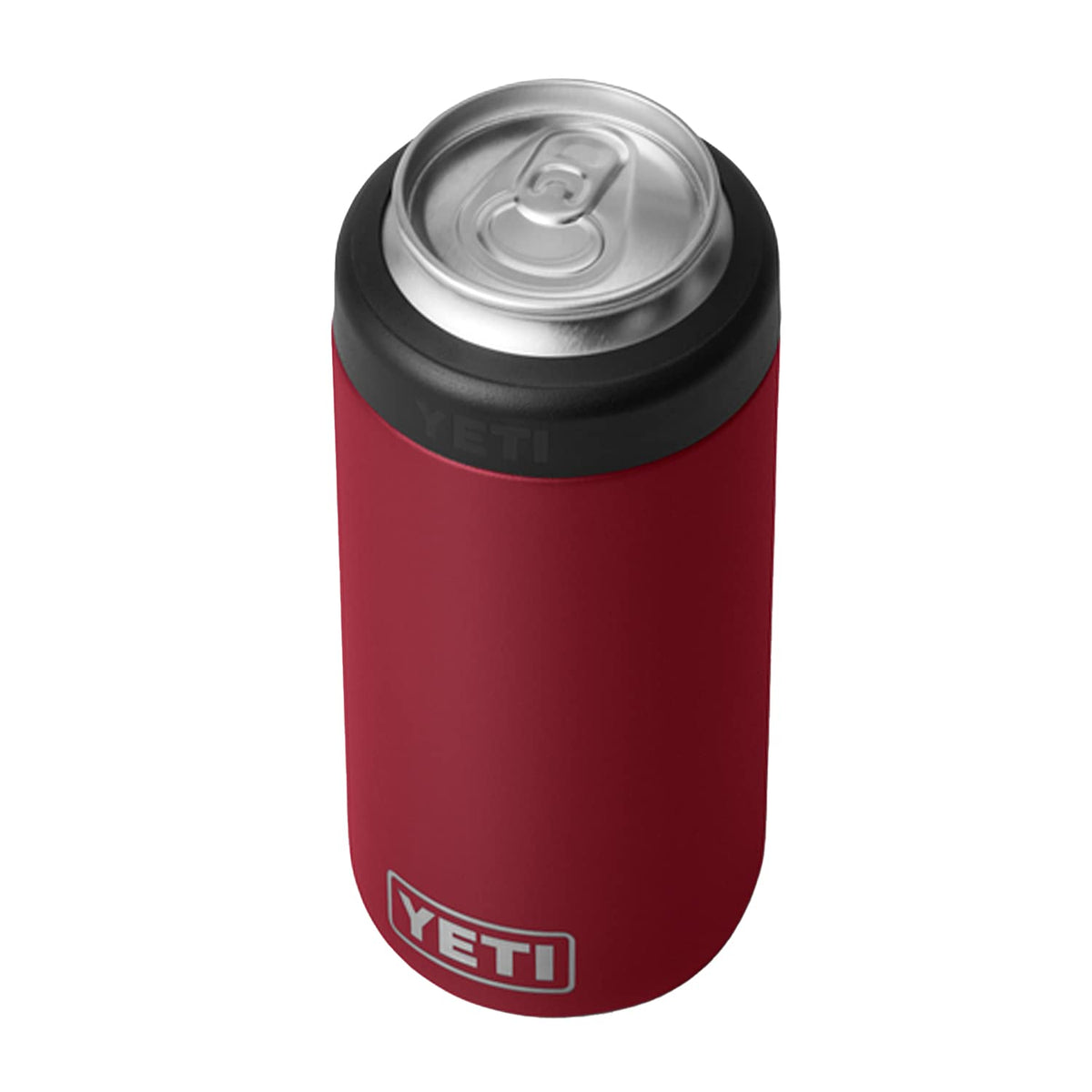 YETI Rambler Colster front view showing Harvest Red finish and cold retention benefit