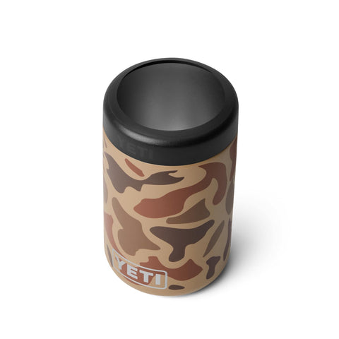 YETI Colster front view showing Wetlands Camo and secure hold benefit
