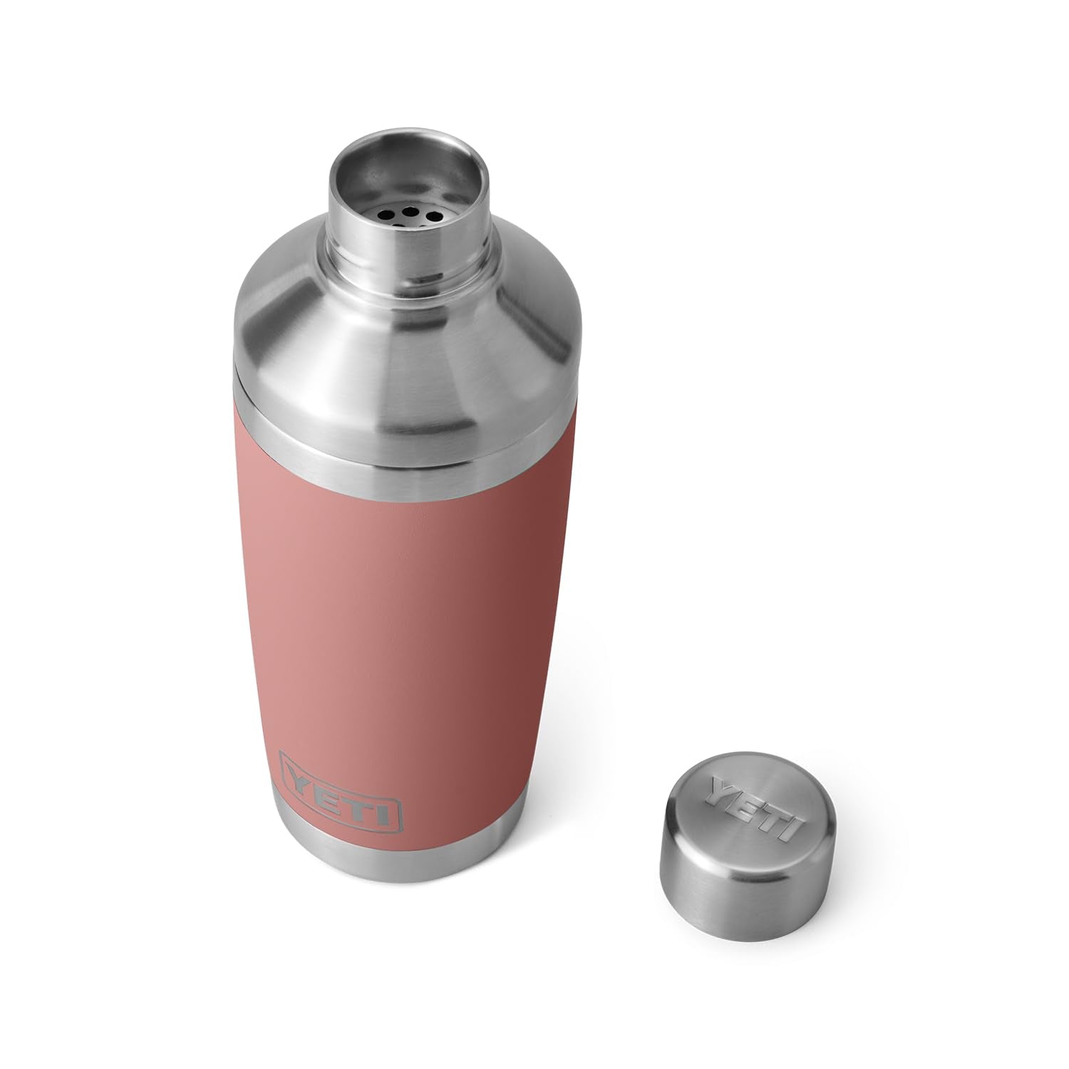 YETI Rambler close detail of Sandstone Pink texture showing scratch-resistant finish benefit